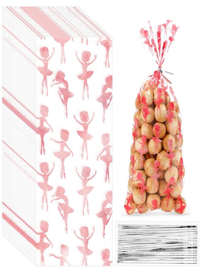 Fainne 100 Pieces Ballet Cellophane Goody Bags Ballet Girl Plastic Goody Bag Dancing Girls Transparent Candy Bags with 100 Pieces Silver Twist Ties for Ballet Theme Baby Shower Birthday Party Decors, Pink - Image 1
